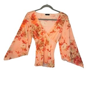Eyeshadow Peach Sheer Floral Flowy Bell Sleeved Wrap Top With Tie Size Small
